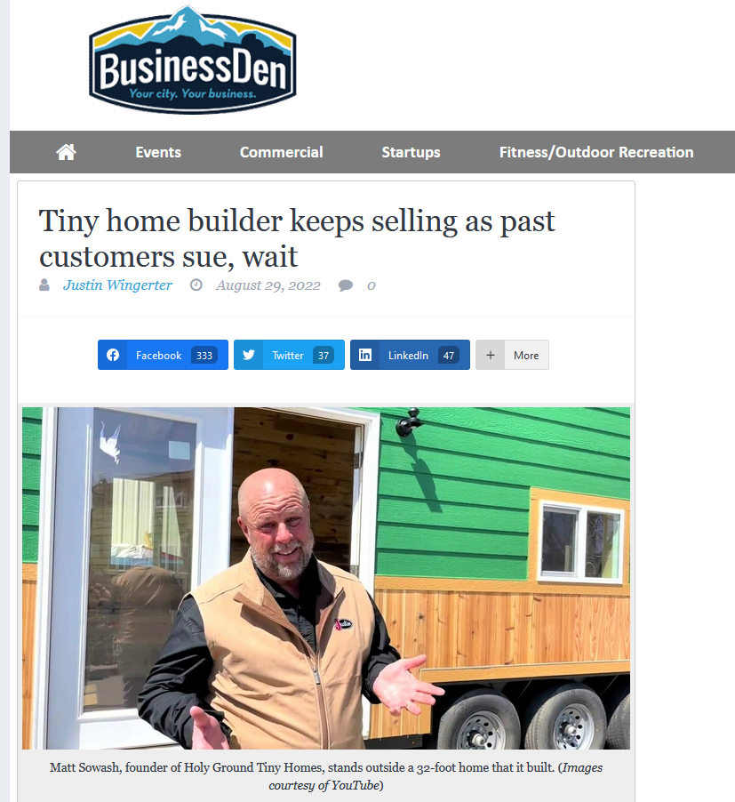 Screenshot of Holy Ground Tiny Homes headline from BusinessDen